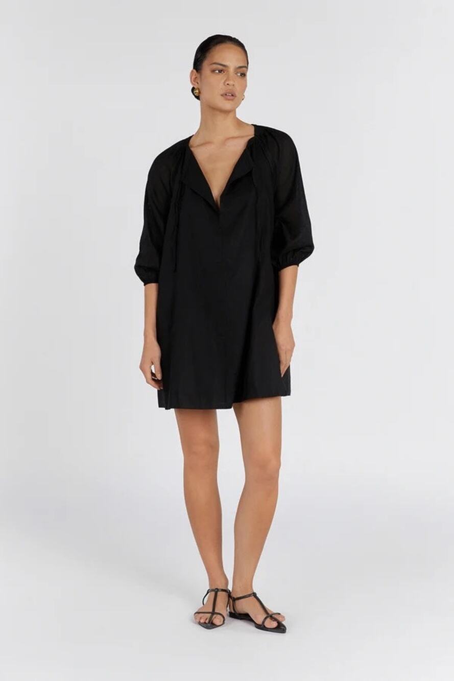 Dissh Nadia Womens Black Plunge V-neck Collar Puff Sleeve Mini Shift Dress Sz 2